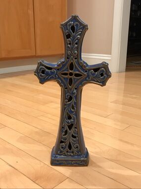 Preowned Blue Decorative Ceramic Cross with Gold Accents by Elements